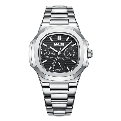 Silver watch with black dial on a white background