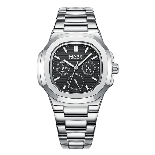 Silver watch with black dial on a white background