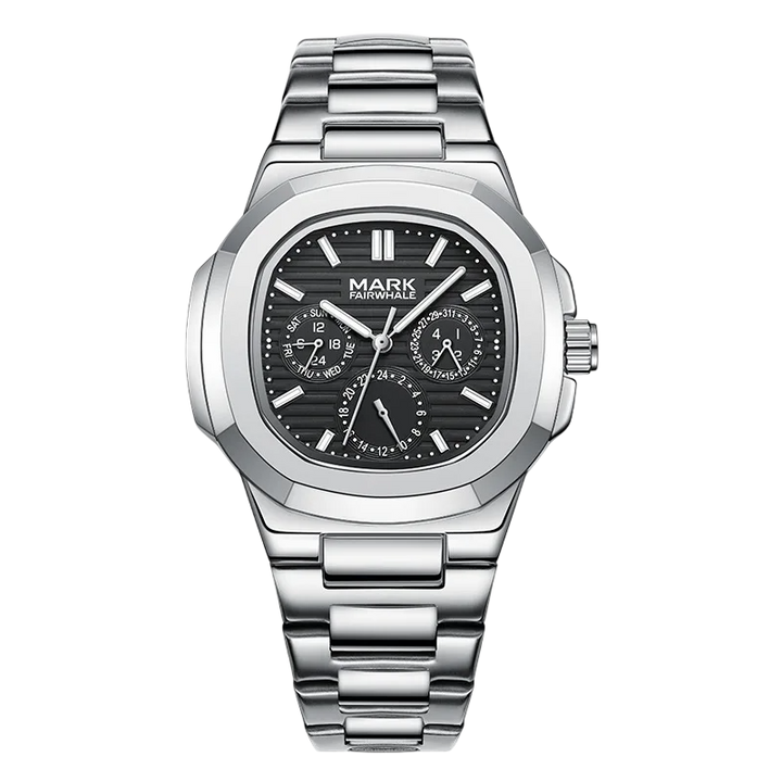 Silver watch with black dial on a white background