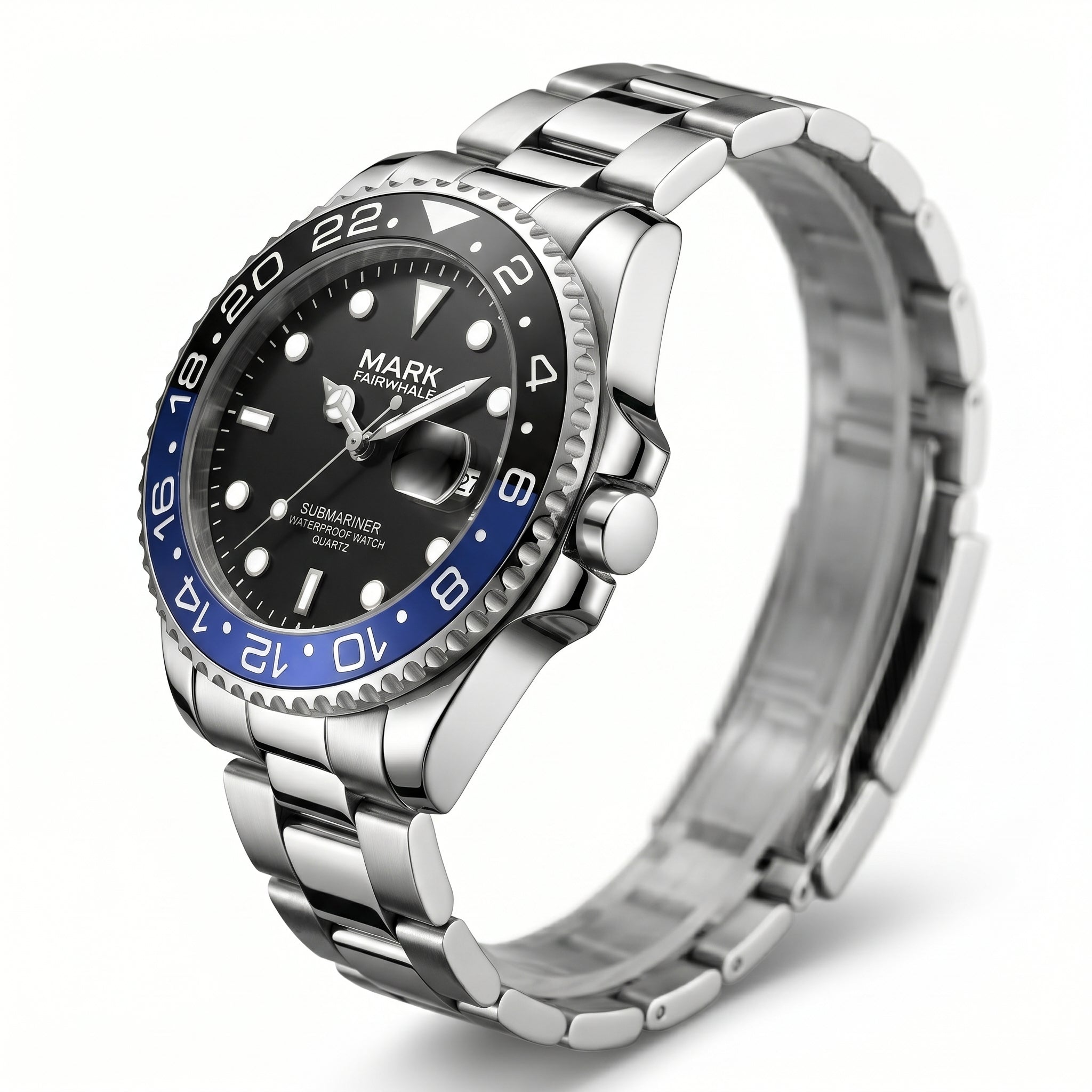 Silver watch with black and blue dial on a white background