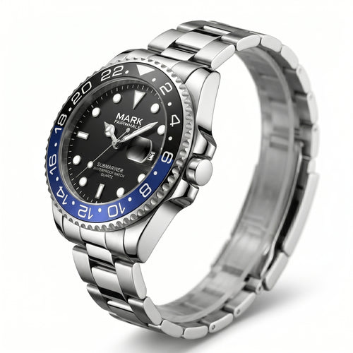 Silver watch with black and blue dial on a white background