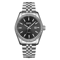 Silver watch with black dial on a white background