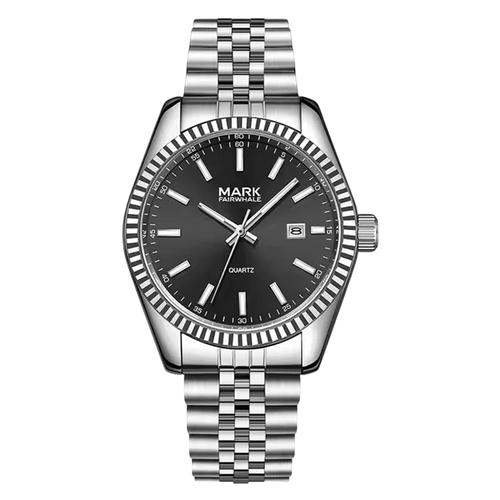 Silver watch with black dial on a white background