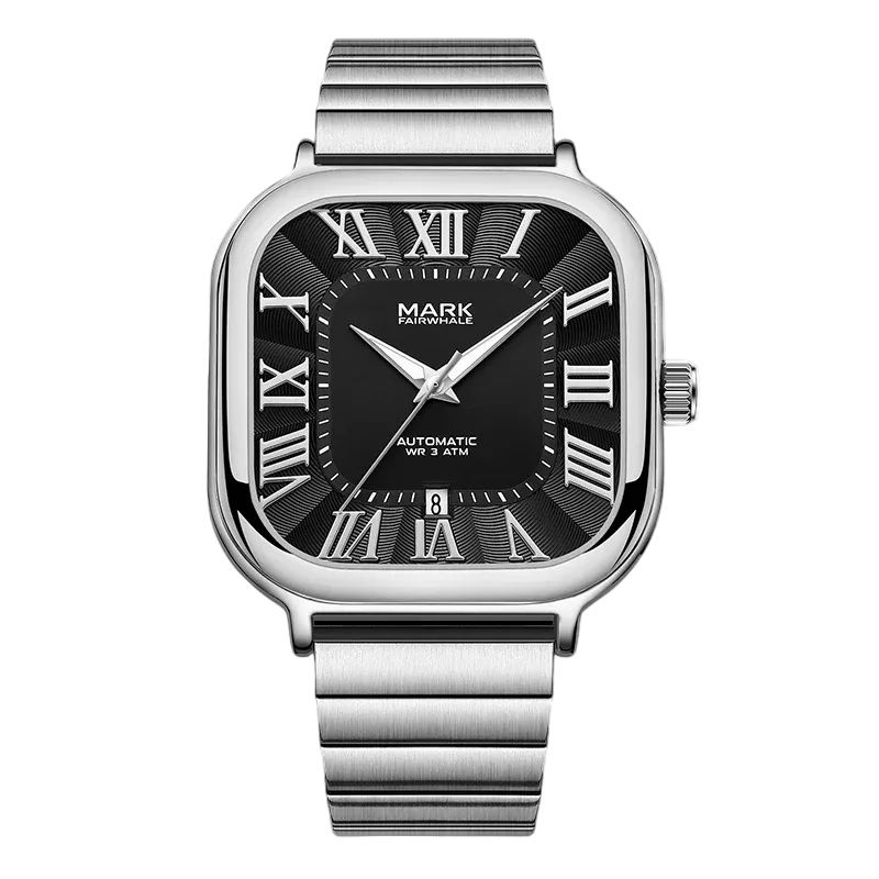 Silver watch with black dial and Roman numerals on a white background