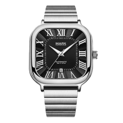 Silver watch with black dial and Roman numerals on a white background