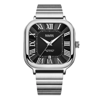 Silver watch with black dial and Roman numerals on a white background