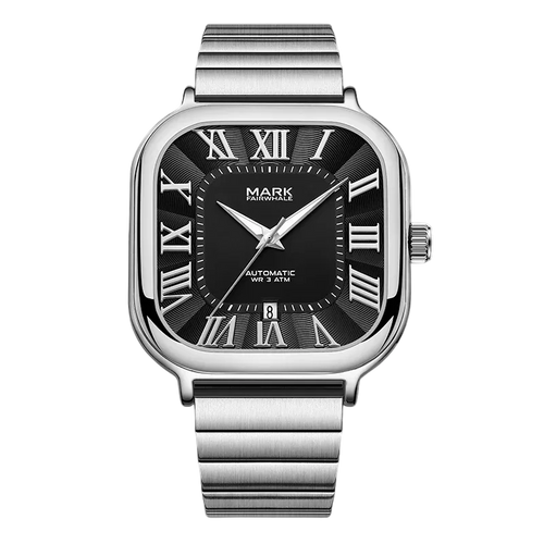Silver watch with black dial and Roman numerals on a white background