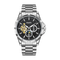 Silver watch with black dial and visible brand name on a white background