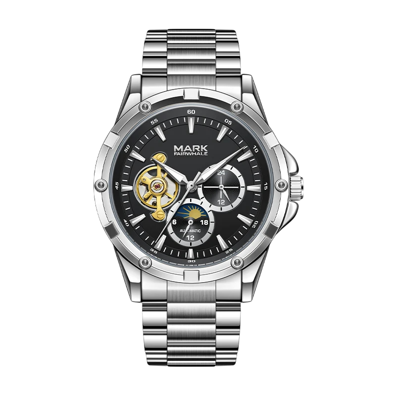 Silver watch with black dial and visible brand name on a white background
