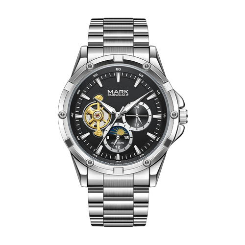 Silver watch with black dial and visible brand name on a white background