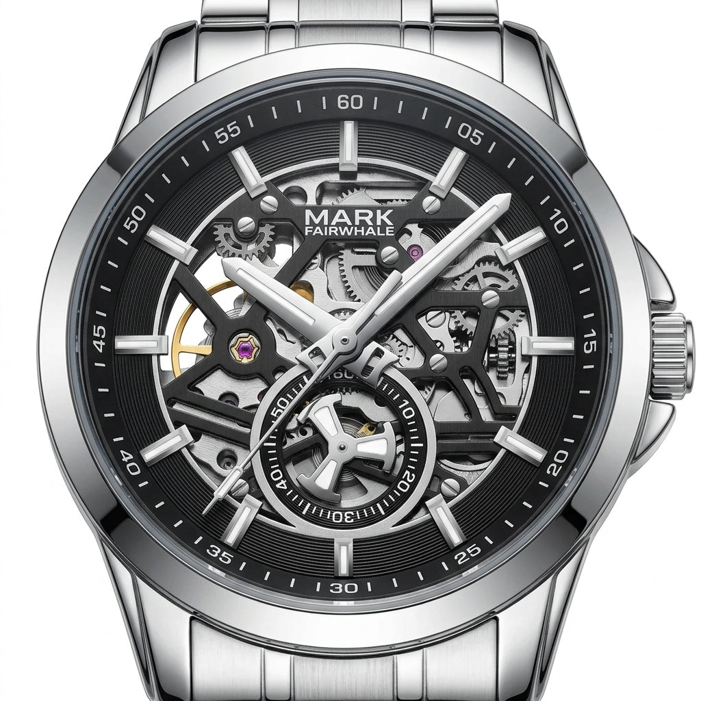 Silver watch with black dial and visible mechanical components on a white background