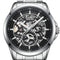 Silver watch with black dial and visible mechanical components on a white background