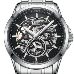 Silver watch with black dial and visible mechanical components on a white background