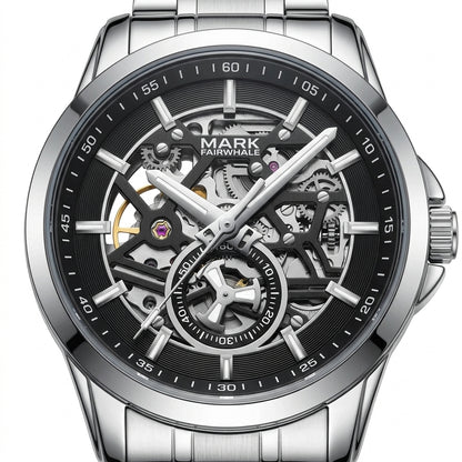 Silver watch with black dial and visible mechanical components on a white background