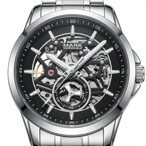 Silver watch with black dial and visible mechanical components on a white background