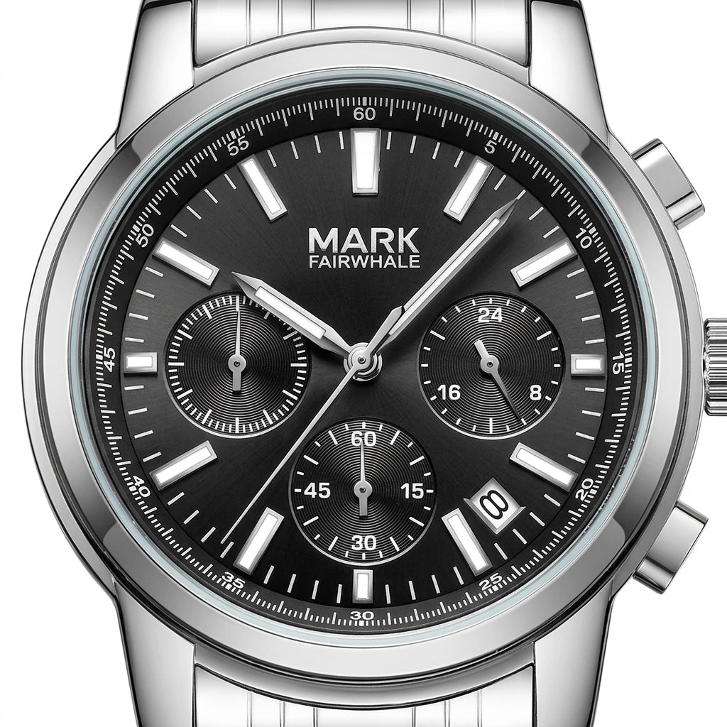 Silver watch with black dial featuring the brand 'Mark Fairwhale' on a white background