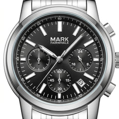 Silver watch with black dial featuring the brand 'Mark Fairwhale' on a white background