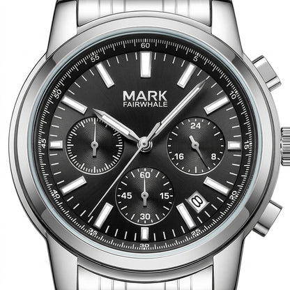 Silver watch with black dial featuring the brand &