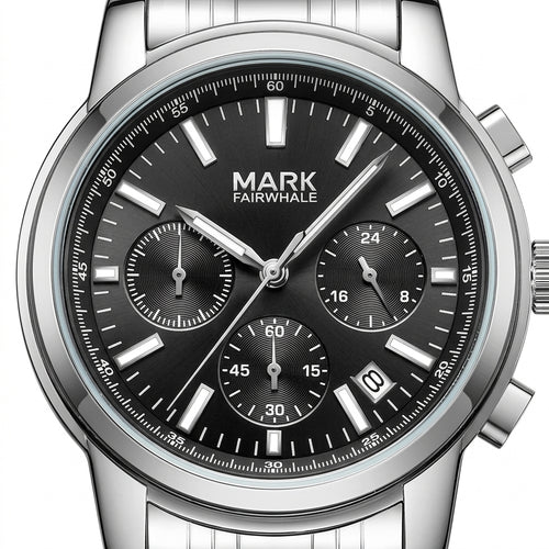 Silver watch with black dial featuring the brand &