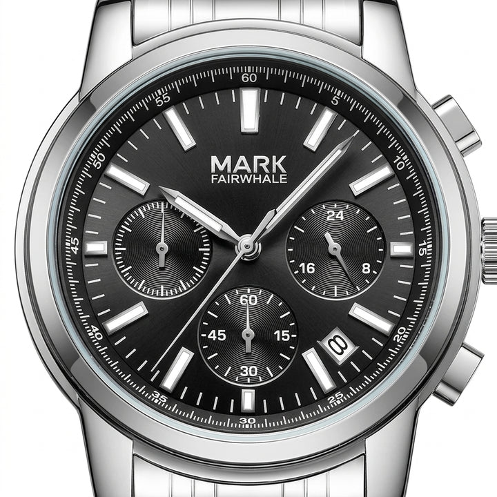 Silver watch with black dial featuring the brand &