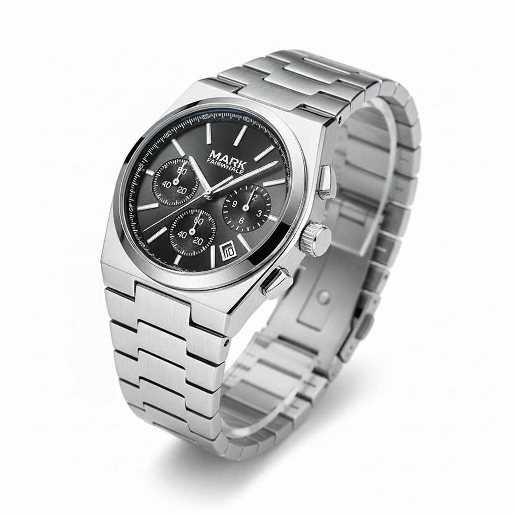 Silver watch with black dial on a white background