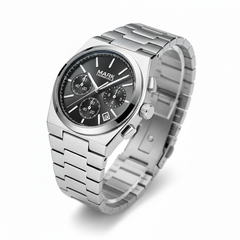 Silver watch with black dial on a white background