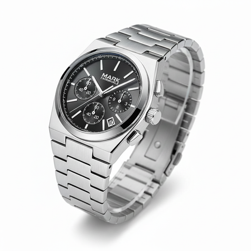 Silver watch with black dial on a white background