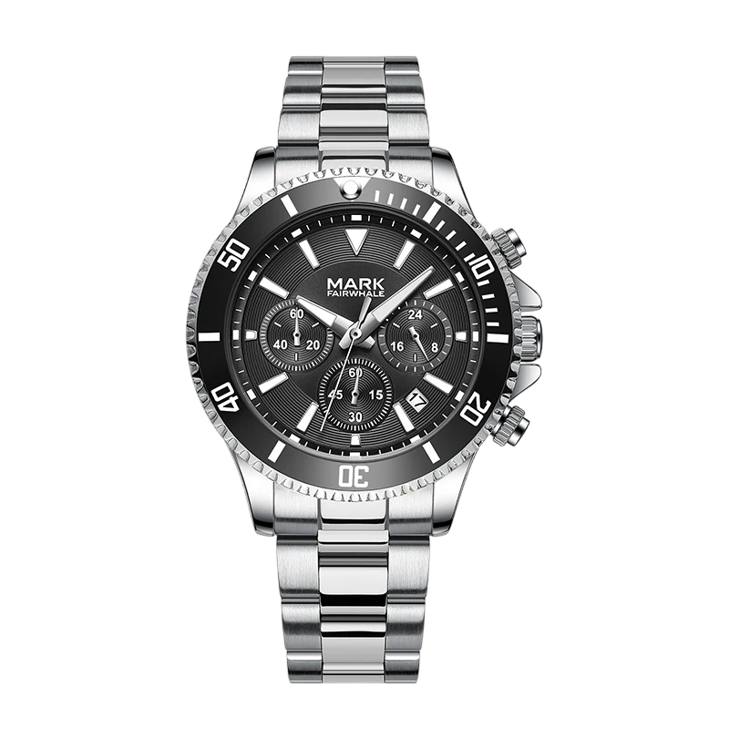 Silver watch with black dial on a white background