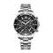 Silver watch with black dial on a white background
