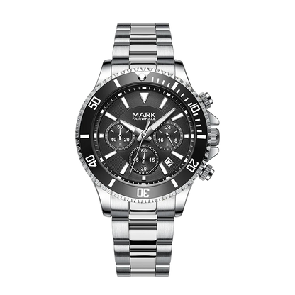 Silver watch with black dial on a white background