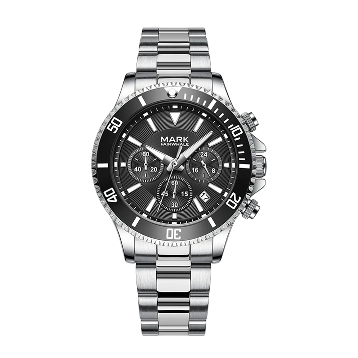 Silver watch with black dial on a white background