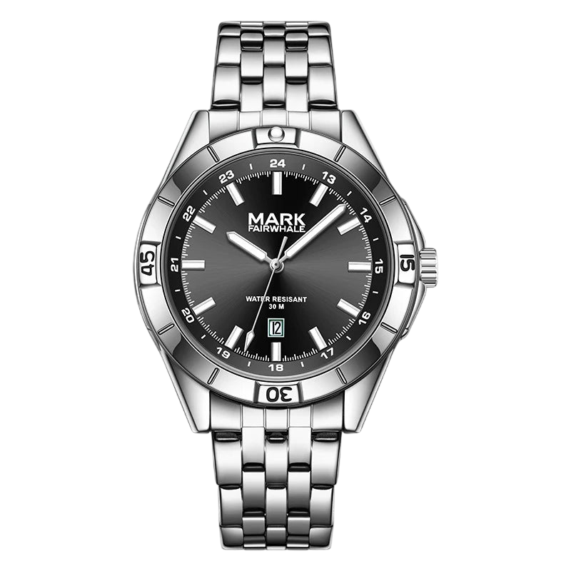 Silver watch with black dial on a white background
