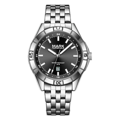 Silver watch with black dial on a white background