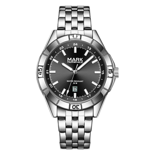 Silver watch with black dial on a white background