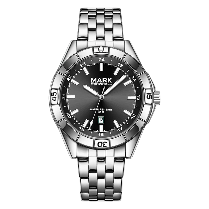 Silver watch with black dial on a white background
