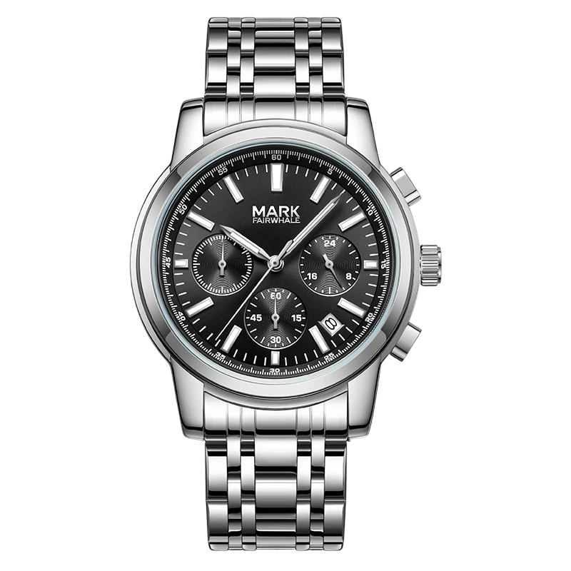 Silver watch with black dial on a white background