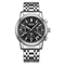 Silver watch with black dial on a white background