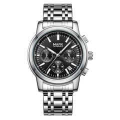 Silver watch with black dial on a white background