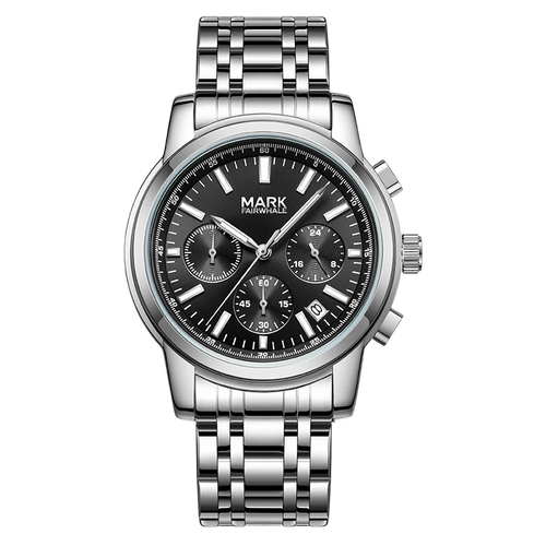 Silver watch with black dial on a white background