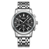 Silver watch with black dial on a white background
