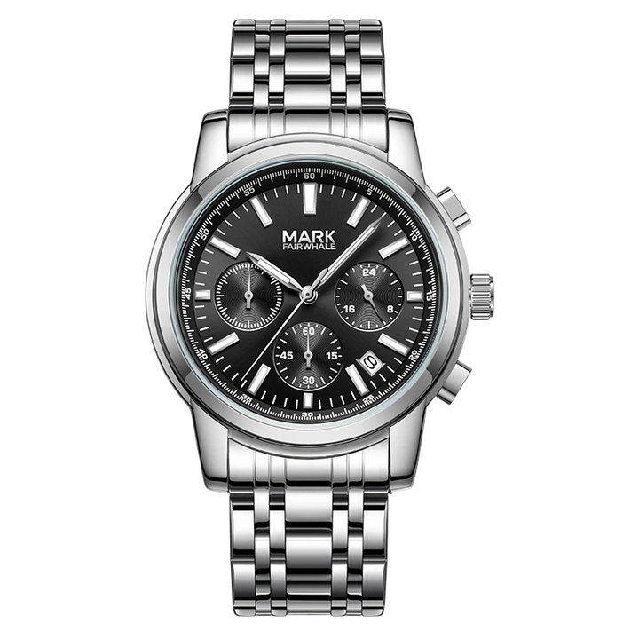 Silver watch with black dial on a white background