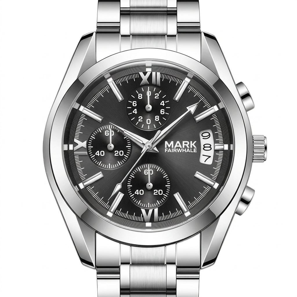 Silver watch with black dial on a white background