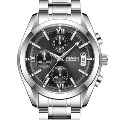 Silver watch with black dial on a white background