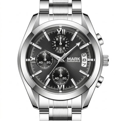 Silver watch with black dial on a white background