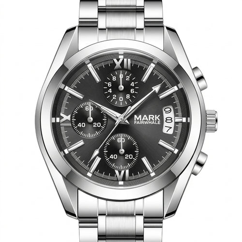 Silver watch with black dial on a white background