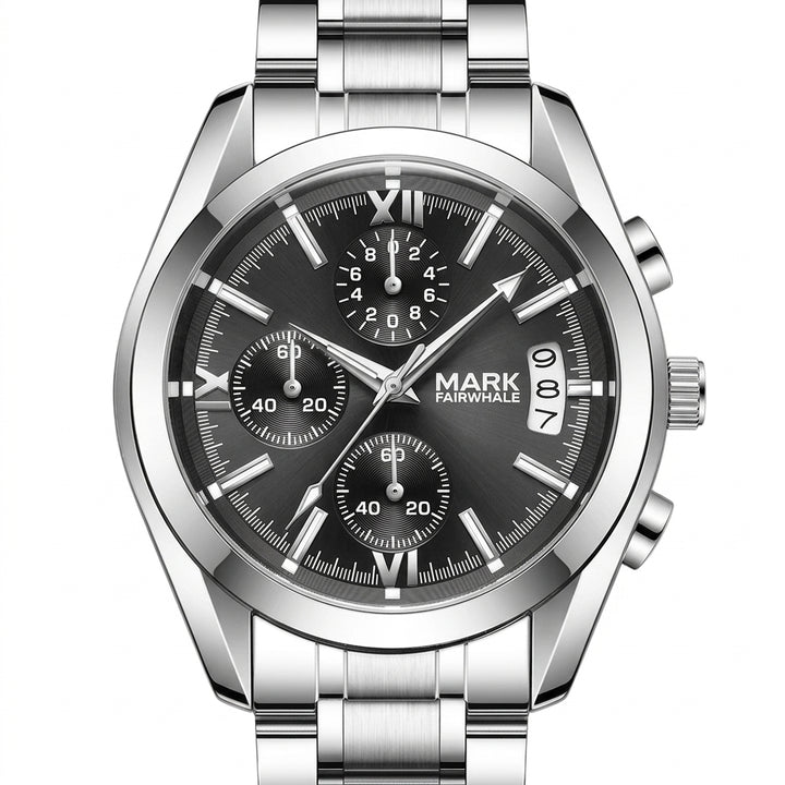 Silver watch with black dial on a white background