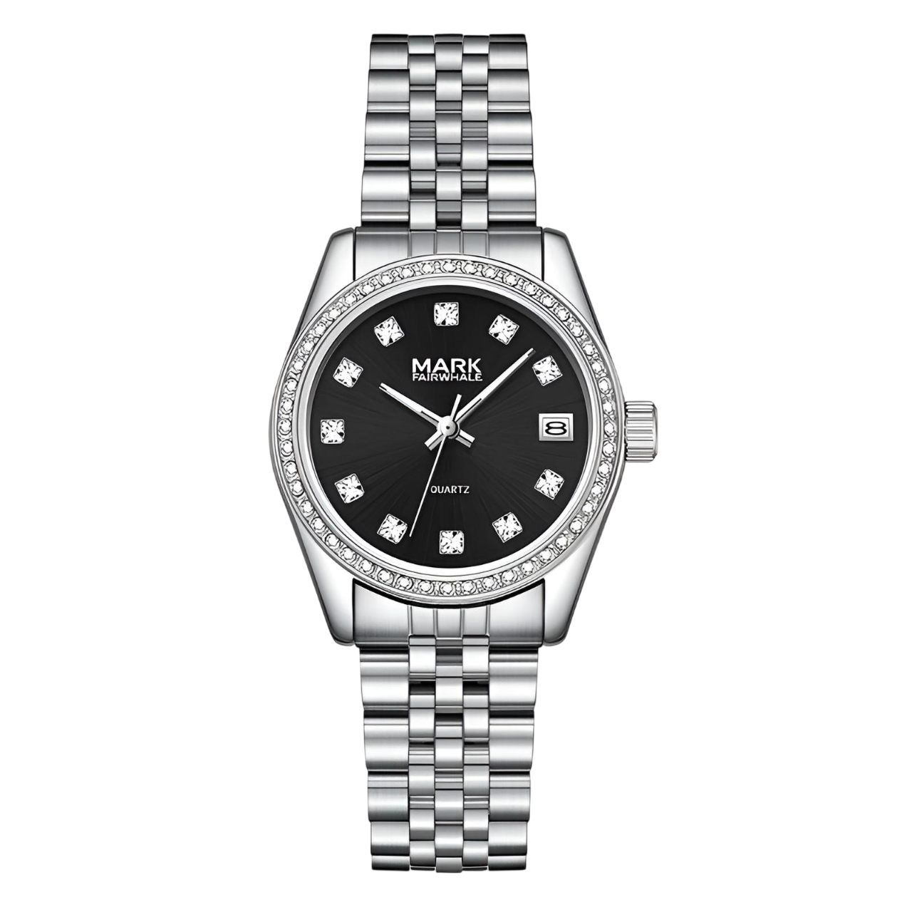 Silver watch with black dial on a white background