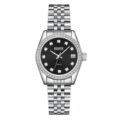 Silver watch with black dial on a white background