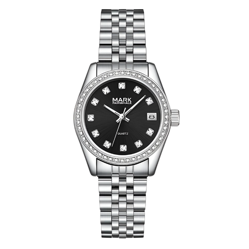 Silver watch with black dial on a white background