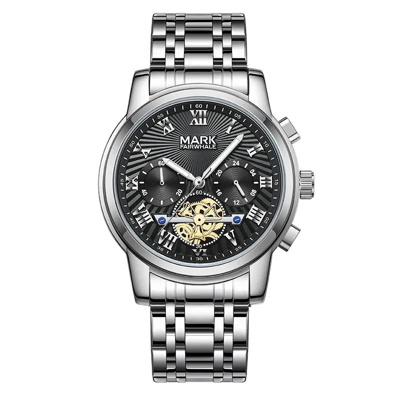 Silver watch with black dial on a white background